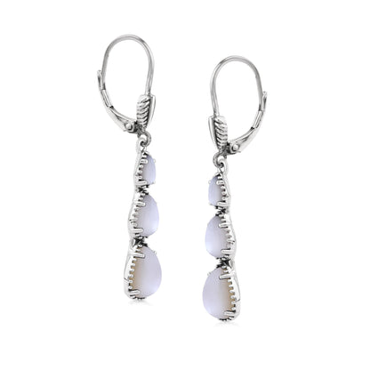  Sterling Silver White Mother of Pearl 3-Pear Drop Lever Back Earrings