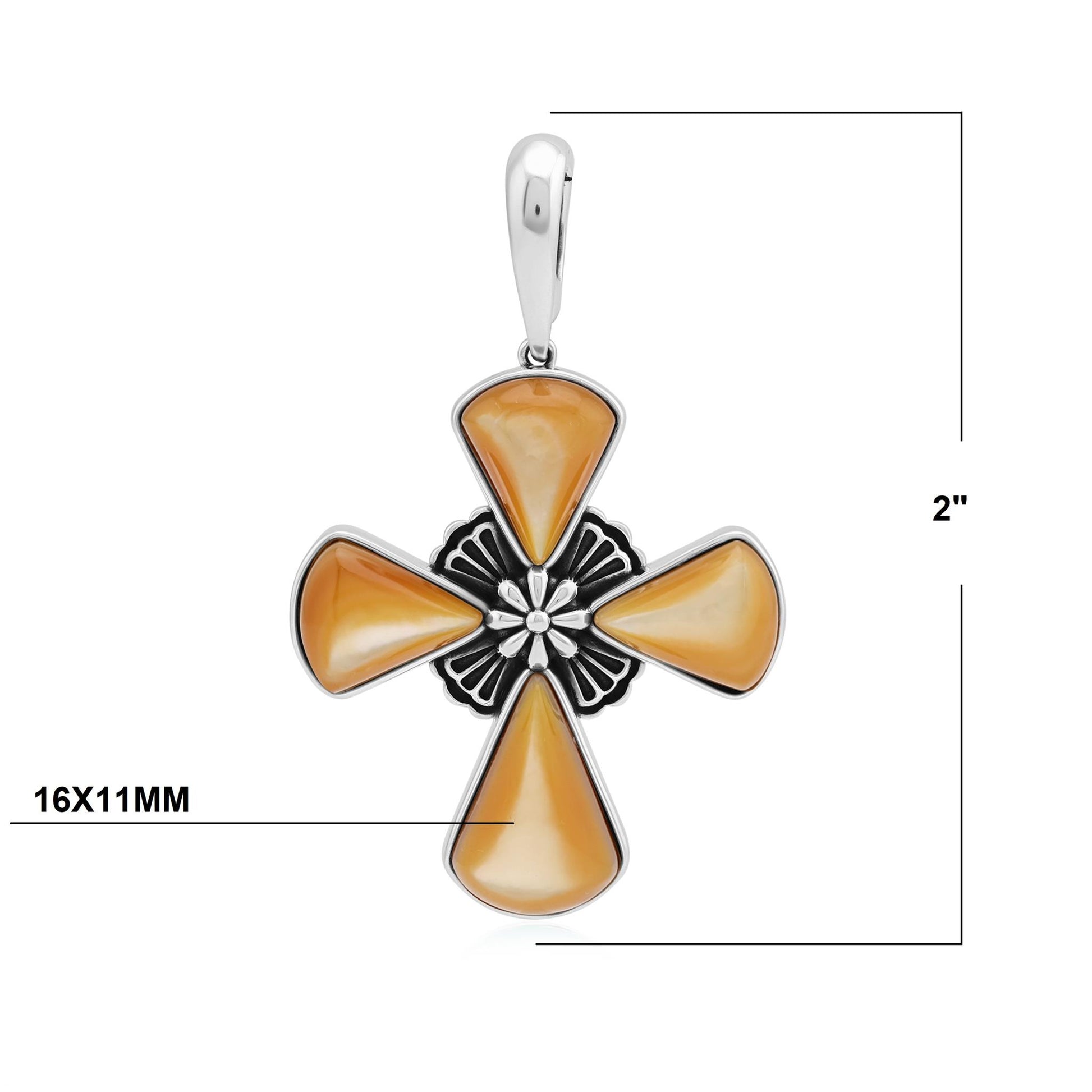 Sterling Silver Yellow Mother of Pearl Gemstone Concha Cross Pendant Enhancer 