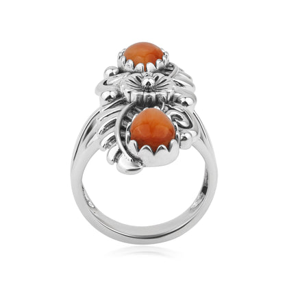 Sterling Silver Orange Spiny Oyster Pear-Cut Leaf and Flower Ring, Sizes 5 to 7