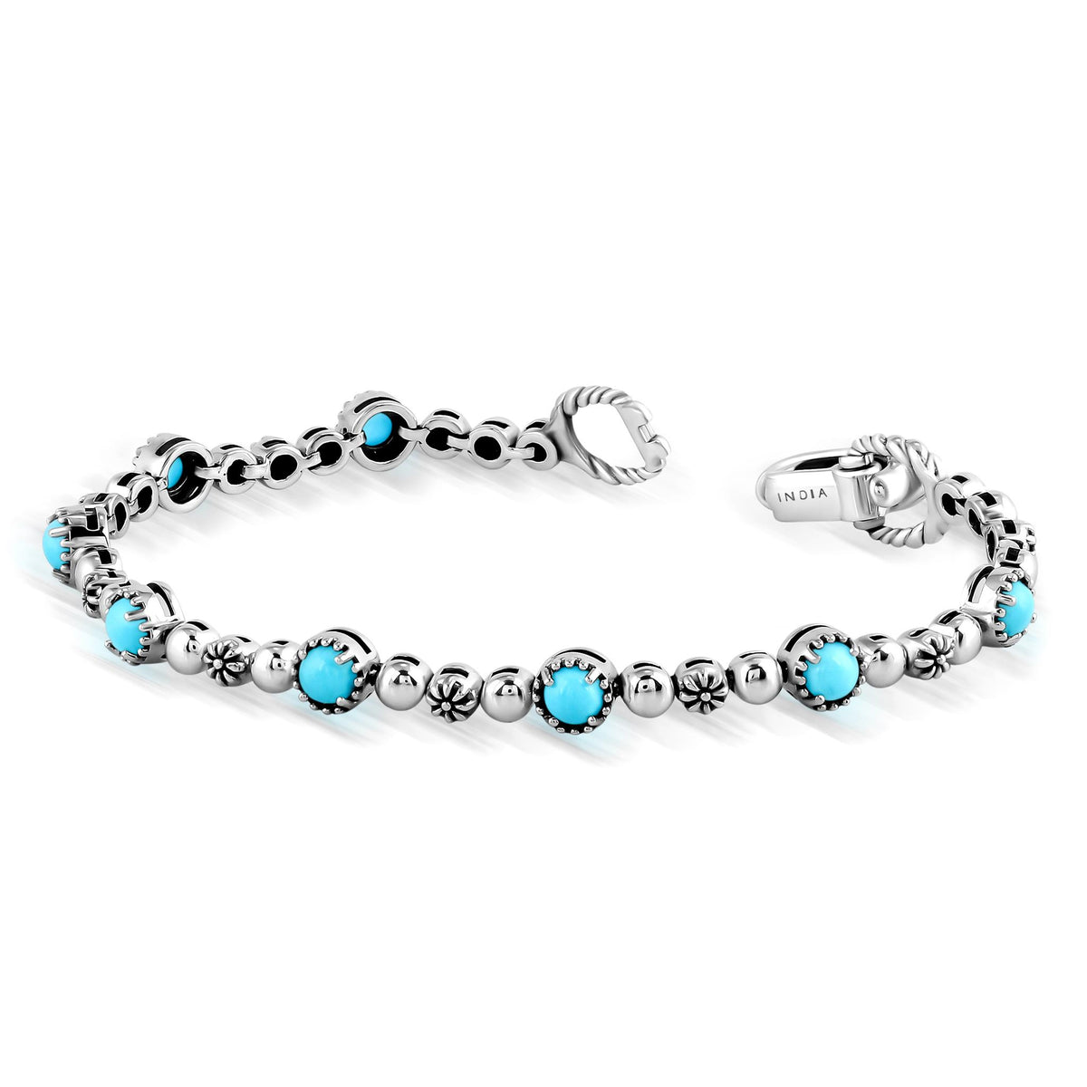 Sterling Silver Sleeping Beauty Turquoise Round Beaded Bracelet, Sizes Small to Large