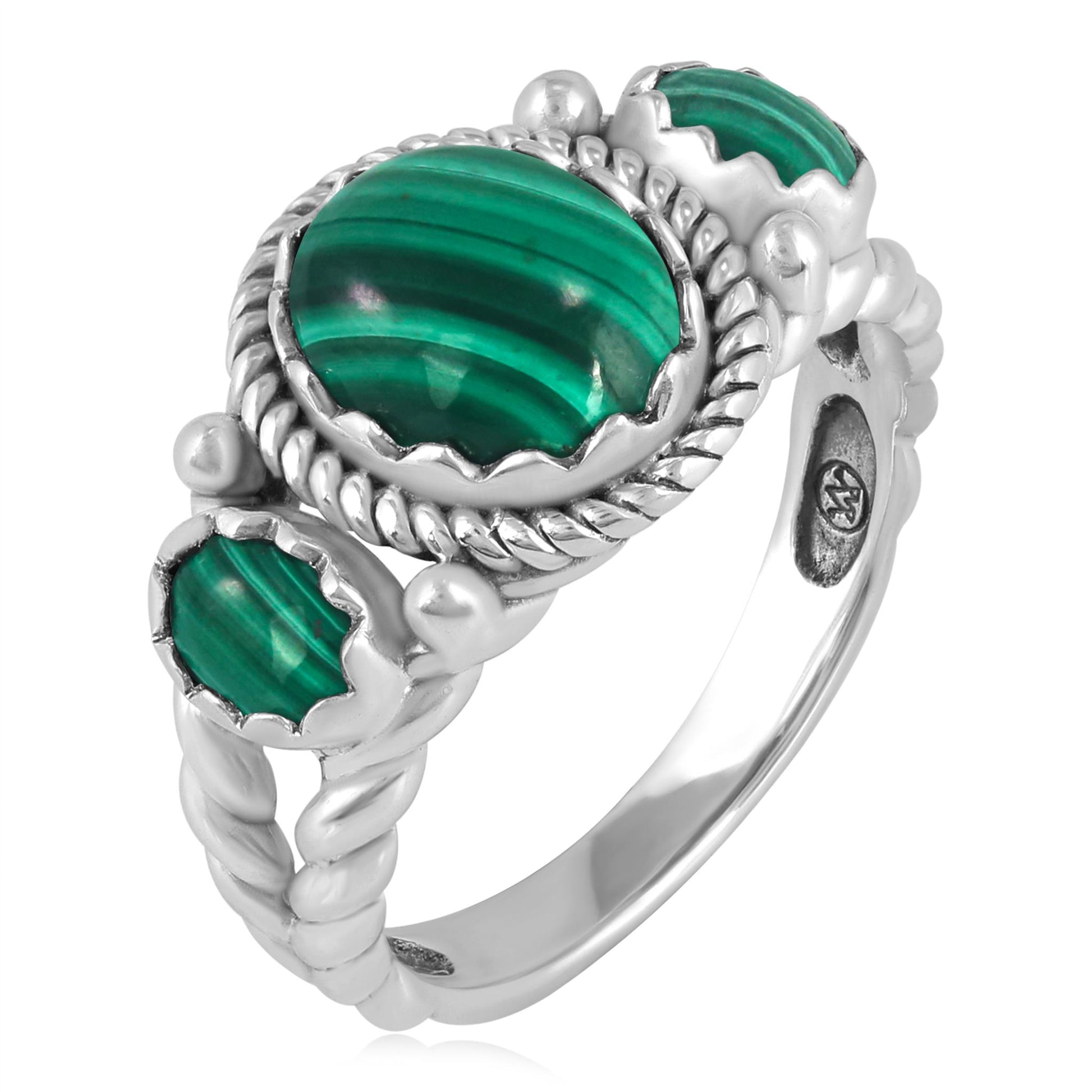 Sterling Silver Malachite 3-Stone Ring, Sizes 5 to 11