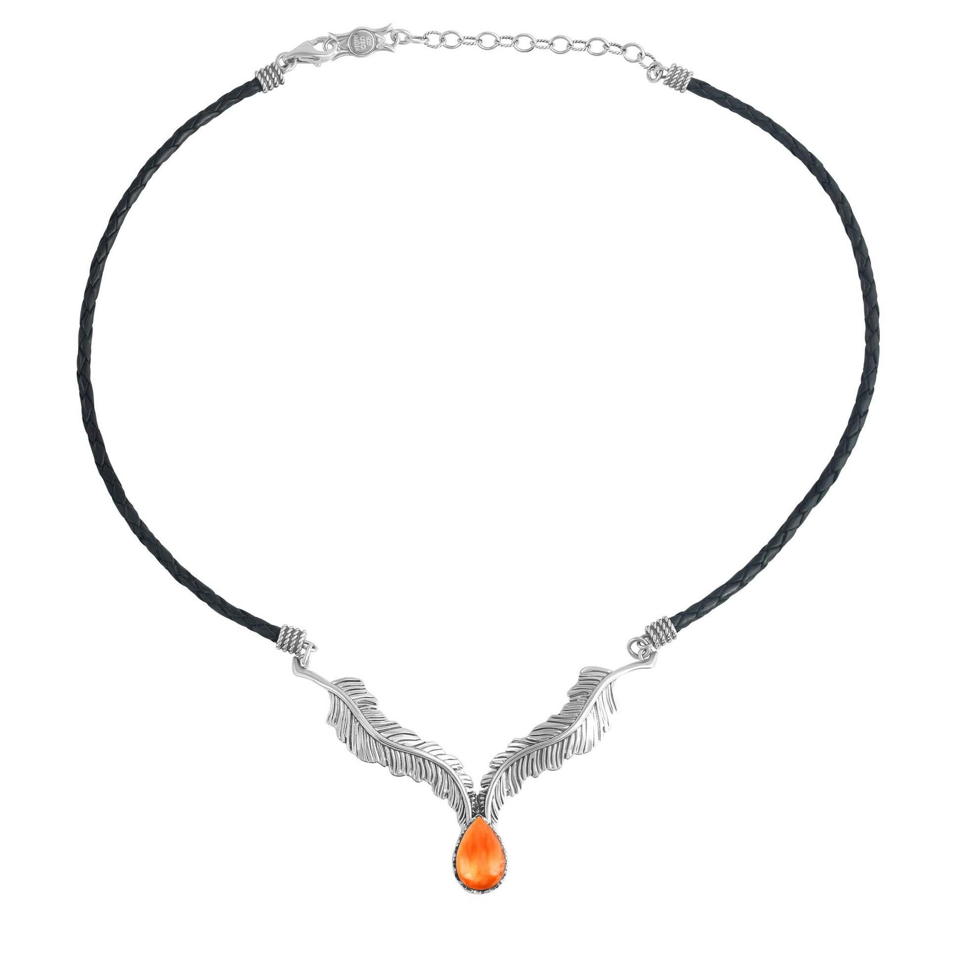 Sterling Silver Orange Spiny Oyster Black Leather Feather Design Necklace