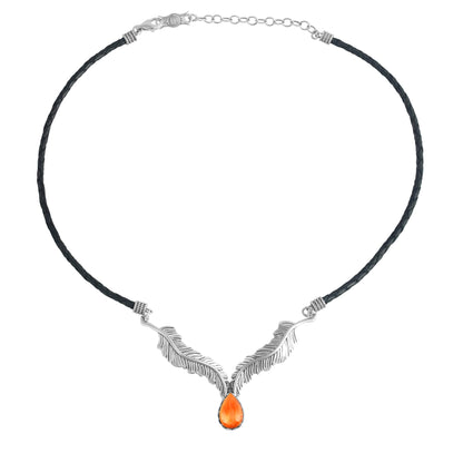 Sterling Silver Orange Spiny Oyster Black Leather Feather Design Necklace