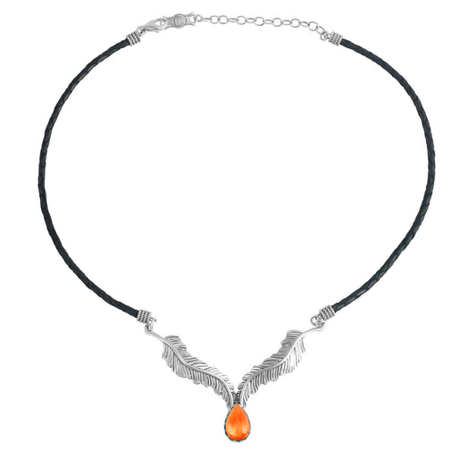 Sterling Silver Orange Spiny Oyster Black Leather Feather Design Necklace