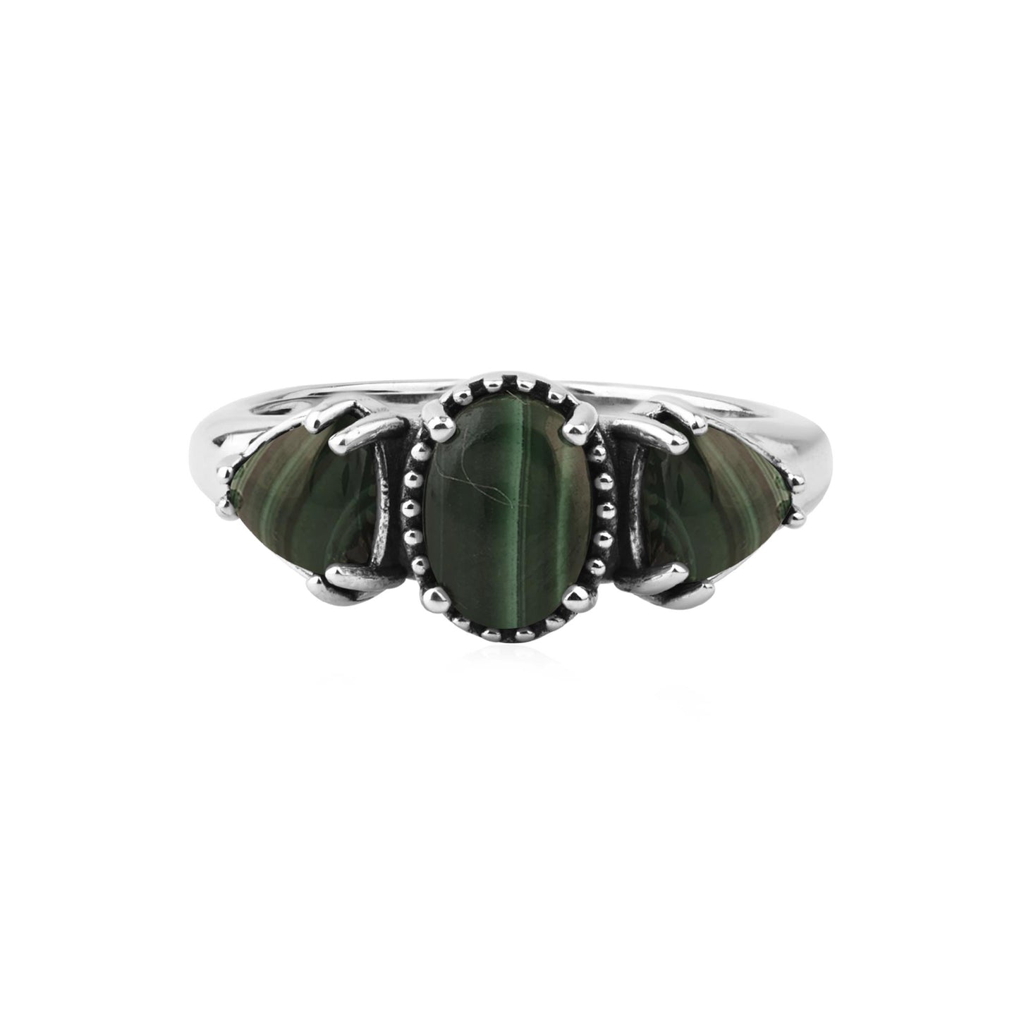  Sterling Silver Malachite Oval and Trillion 3-Stone Ring
