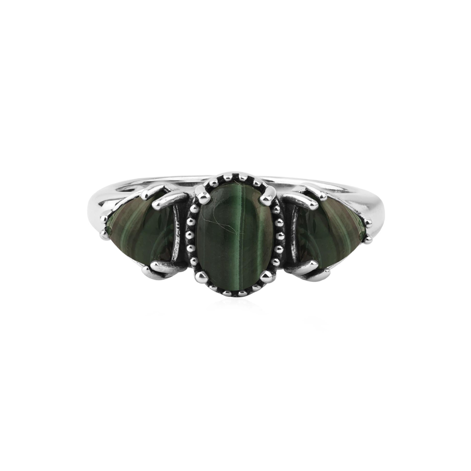  Sterling Silver Malachite Oval and Trillion 3-Stone Ring