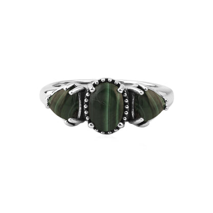  Sterling Silver Malachite Oval and Trillion 3-Stone Ring