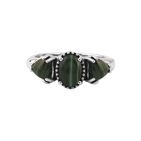  Sterling Silver Malachite Oval and Trillion 3-Stone Ring