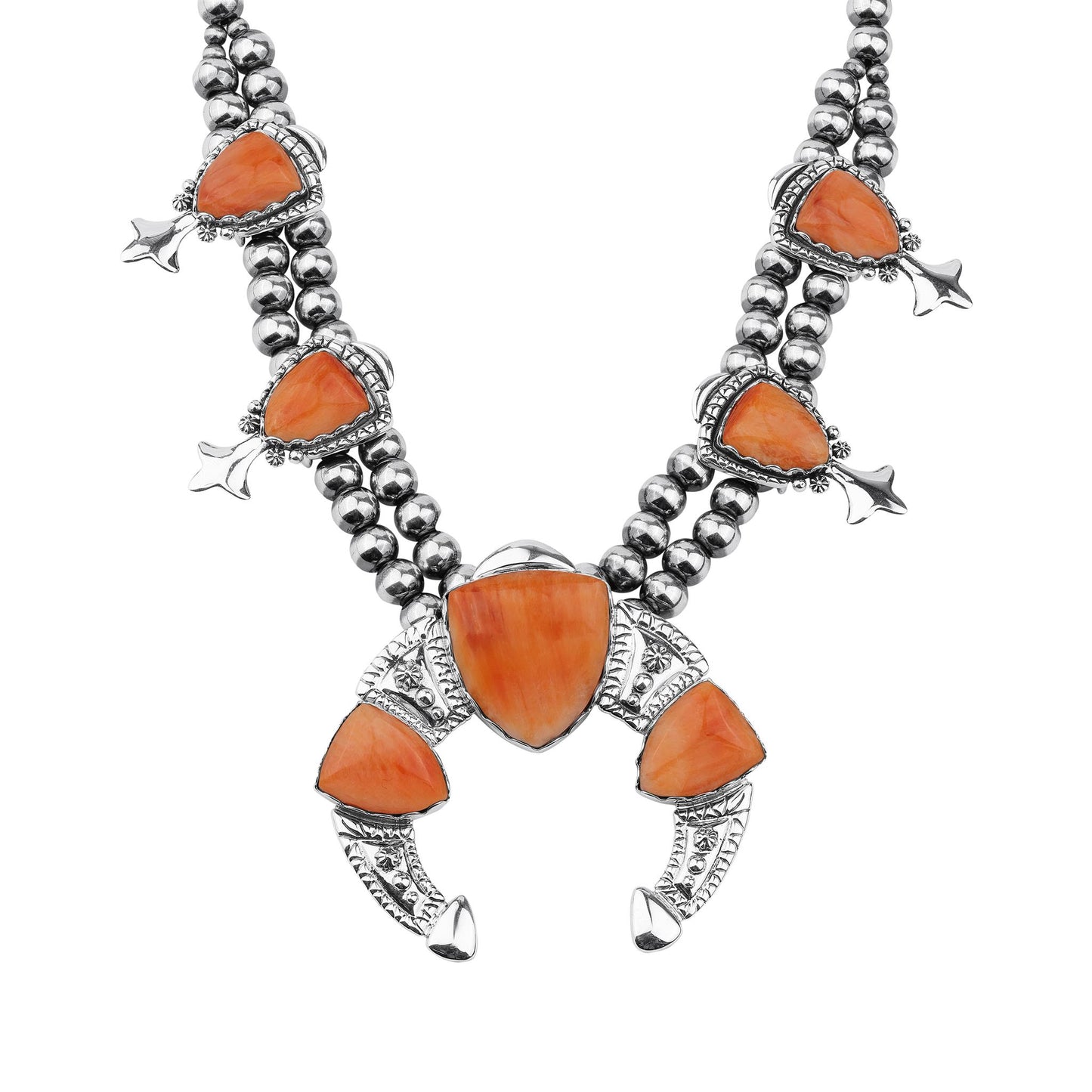 LIMITED EDITION! Sterling Silver Orange Spiny Oyster Arrowhead Squash Blossom Statement Necklace