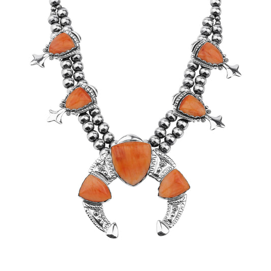 LIMITED EDITION! Sterling Silver Orange Spiny Oyster Arrowhead Squash Blossom Statement Necklace