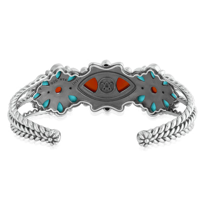 Sterling Silver Red Onyx Kingman Turquoise Floral Cluster Cuff Bracelet