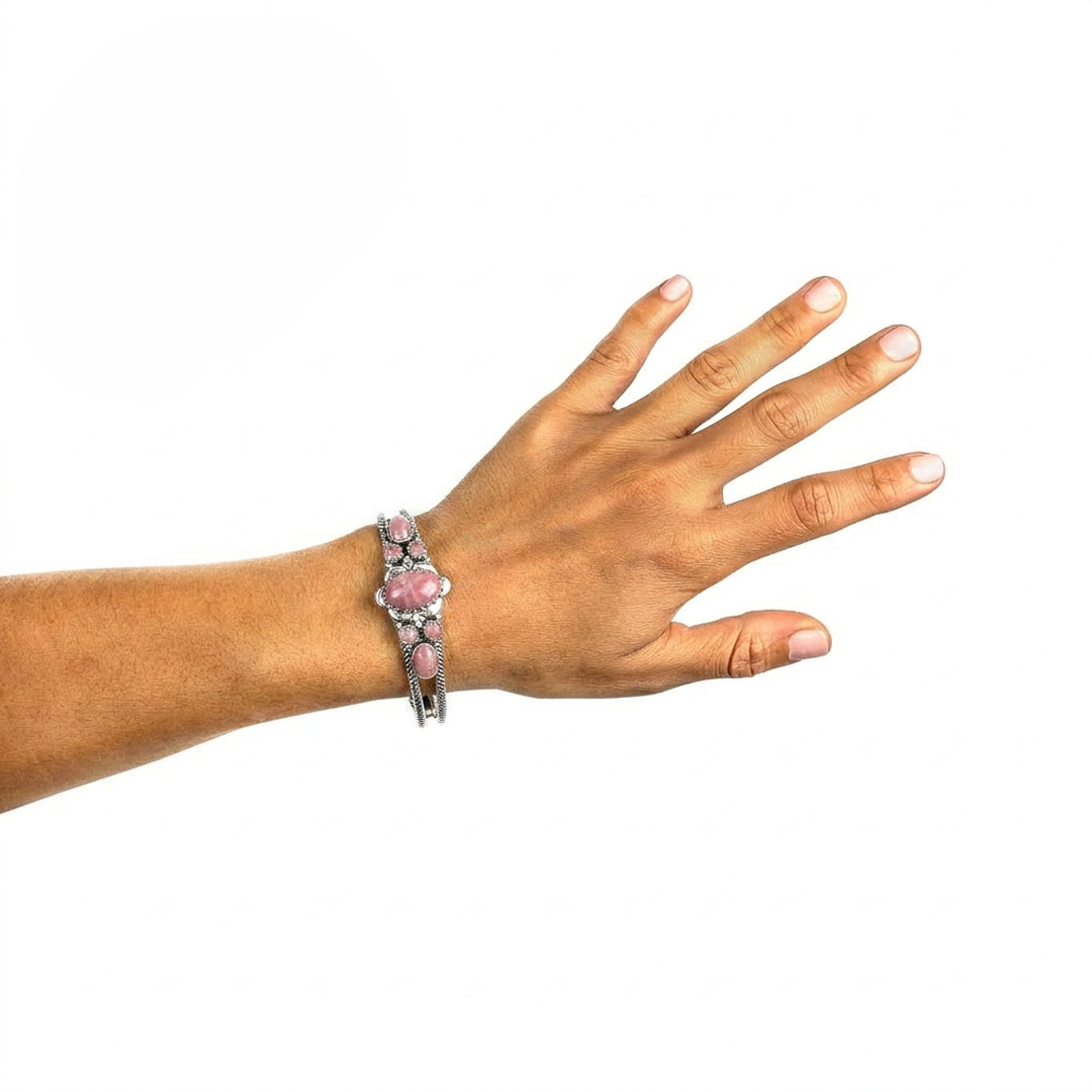  Sterling Silver Rhodonite Oval and Round Open Cuff Bracelet