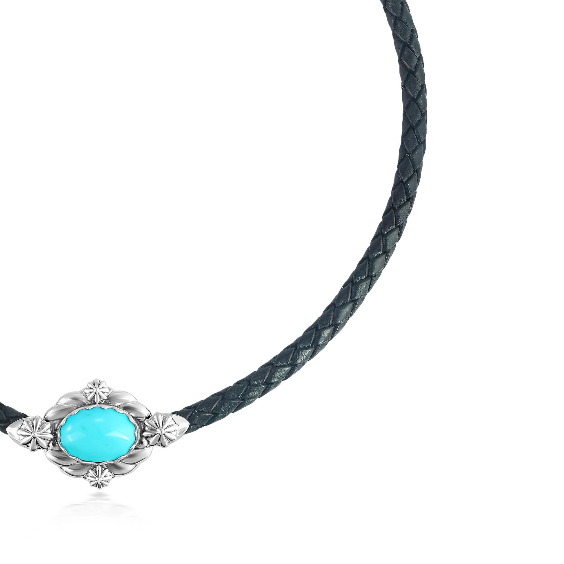 Sterling Silver Kingman Turquoise Black Braided Leather Necklace, 17 to 20 Inches