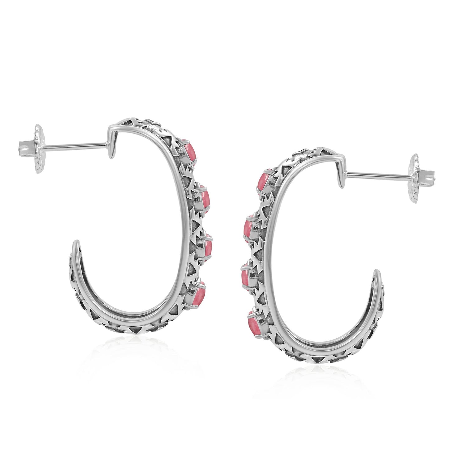 Sterling Silver Rhodonite Patterned J-Hoop 1 Inch Earrings 