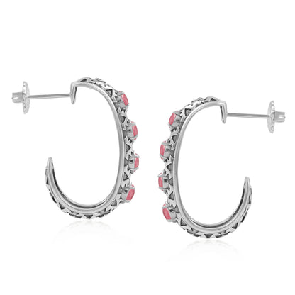 Sterling Silver Rhodonite Patterned J-Hoop 1 Inch Earrings 