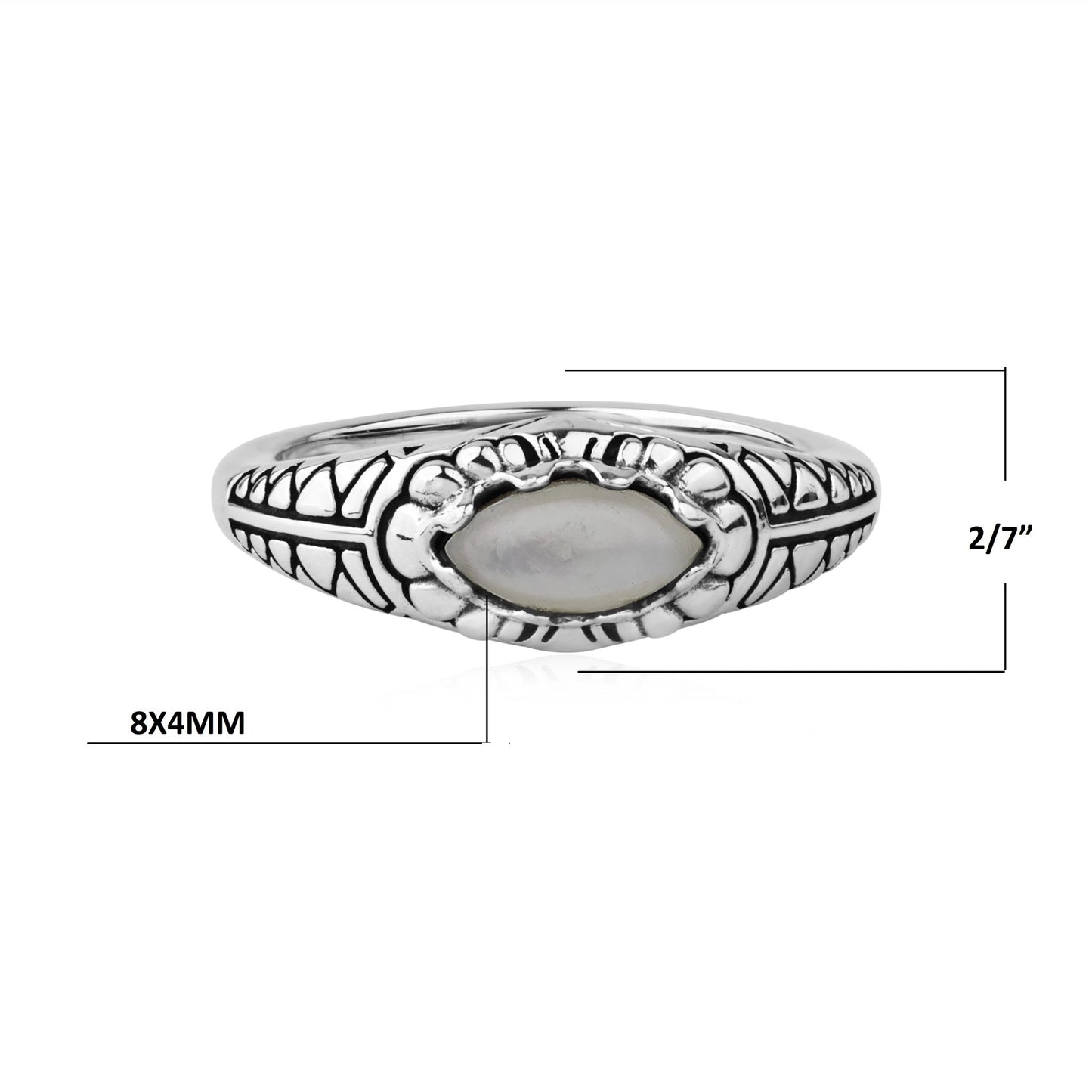 Sterling Silver White Mother of Pearl Marquise-Cut Etched Ring