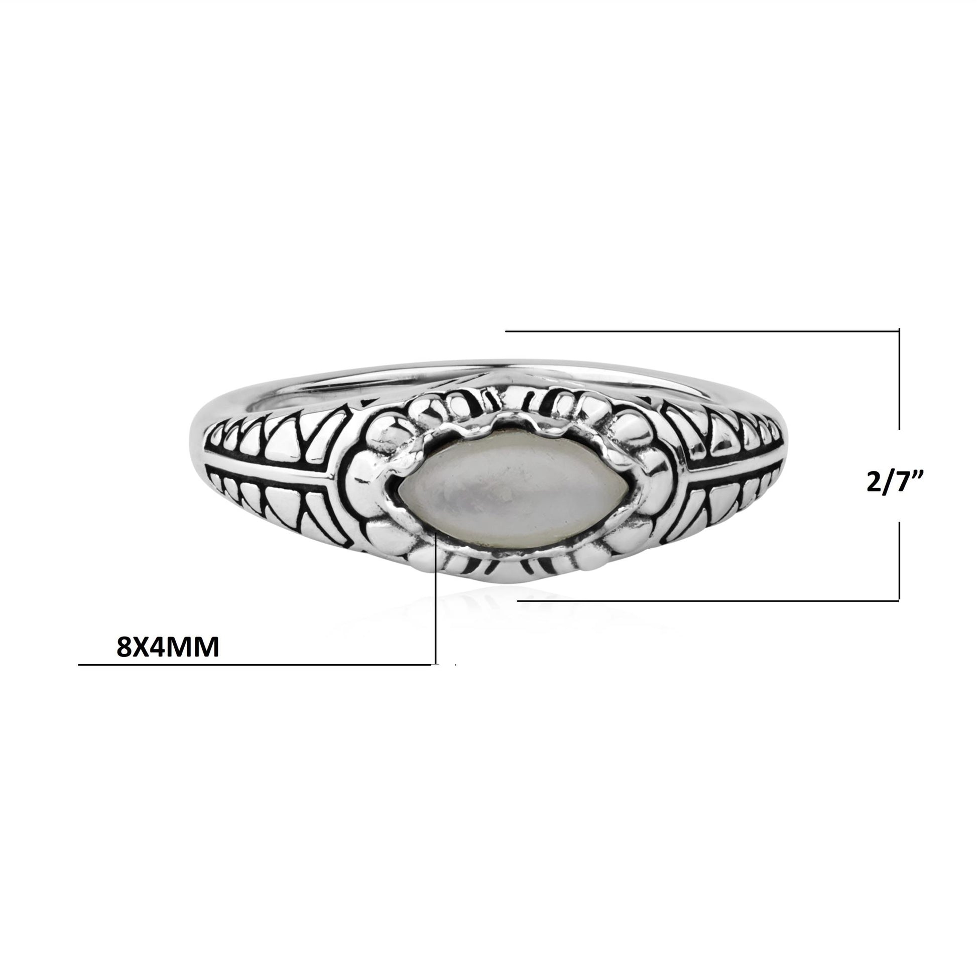  Sterling Silver White Mother of Pearl Marquise-Cut Etched Ring