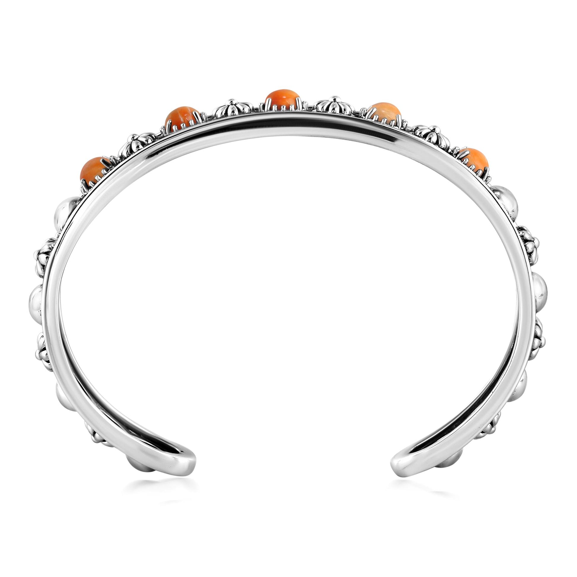 Sterling Silver Orange Spiny Oyster Concha Flower Narrow Cuff Bracelet, Sizes Small to Large