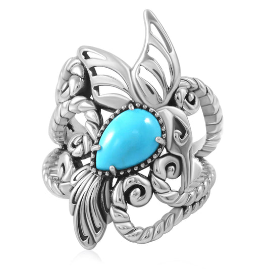 Sterling Silver Kingman Turquoise Hummingbird Rope Ring, Sizes 5 to 11