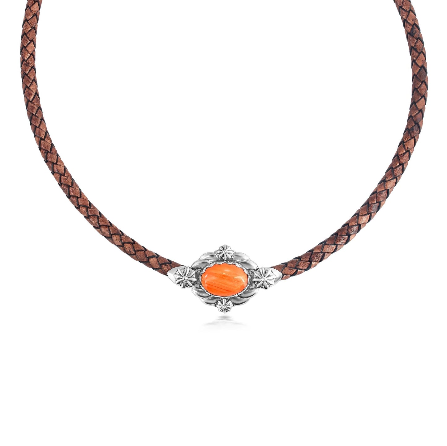 Sterling Silver Orange Spiny Oyster Antique Red-Brown Braided Leather Necklace, 17 to 20 Inches