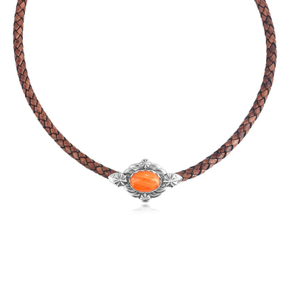 Sterling Silver Orange Spiny Oyster Antique Red-Brown Braided Leather Necklace, 17 to 20 Inches