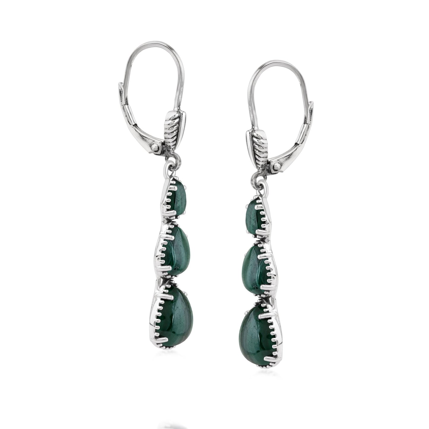  Sterling Silver Malachite 3-Pear Drop Lever Back Earrings