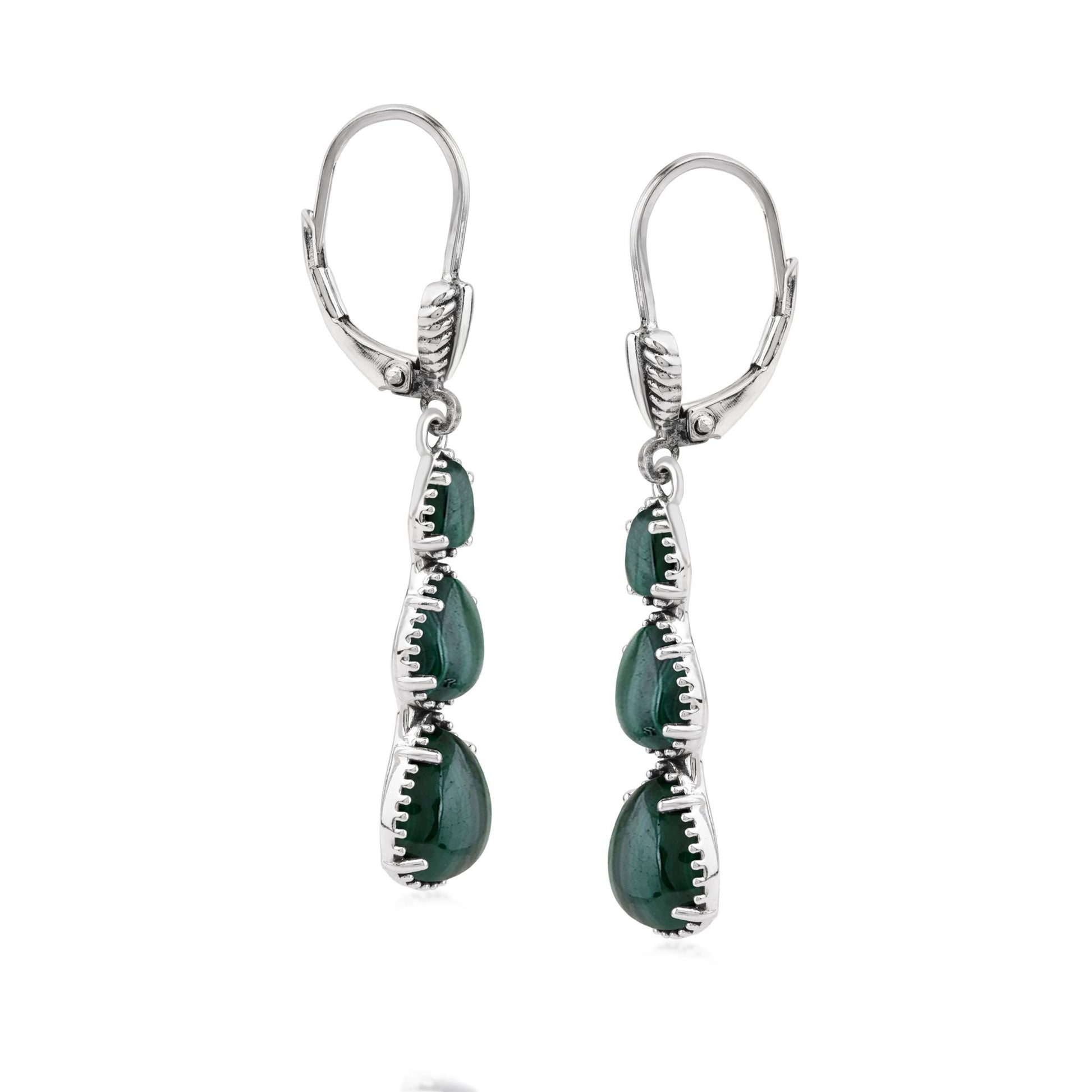  Sterling Silver Malachite 3-Pear Drop Lever Back Earrings