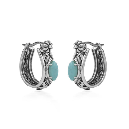 Sterling Silver Green Turquoise Marquise Cut Huggie Hoop Earrings 