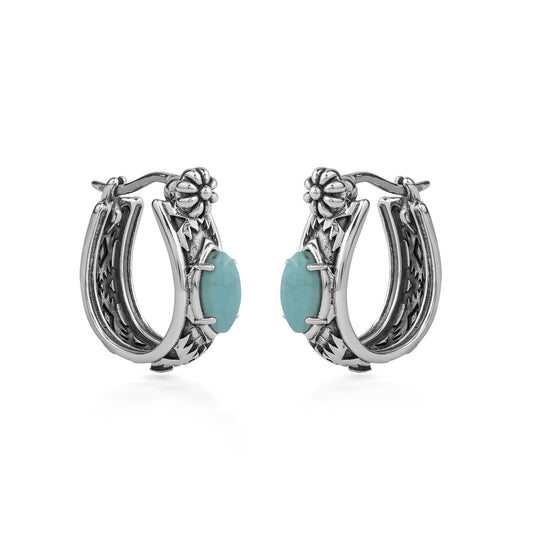 Sterling Silver Green Turquoise Marquise Cut Huggie Hoop Earrings 