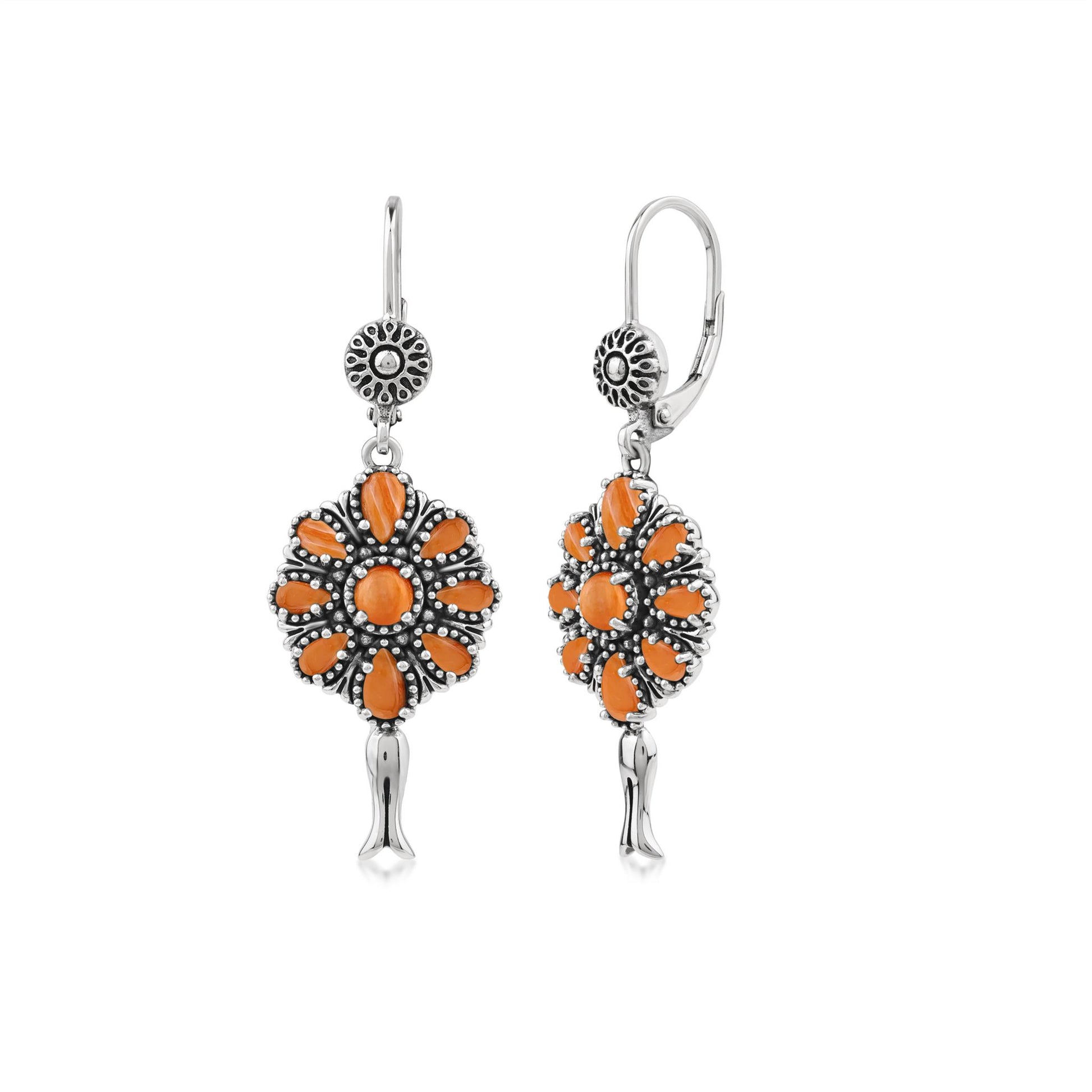  Sterling Silver Orange Spiny Oyster Flower Cluster Squash Blossom Earrings