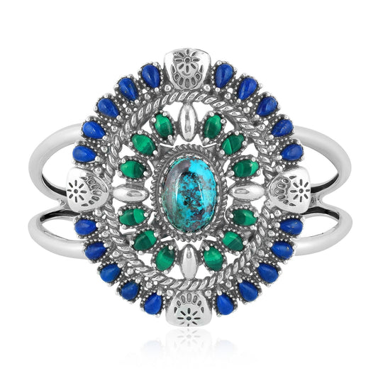 Sterling Silver Chrysocolla Lapis and Malachite Oval Floral Cluster Cuff Bracelet