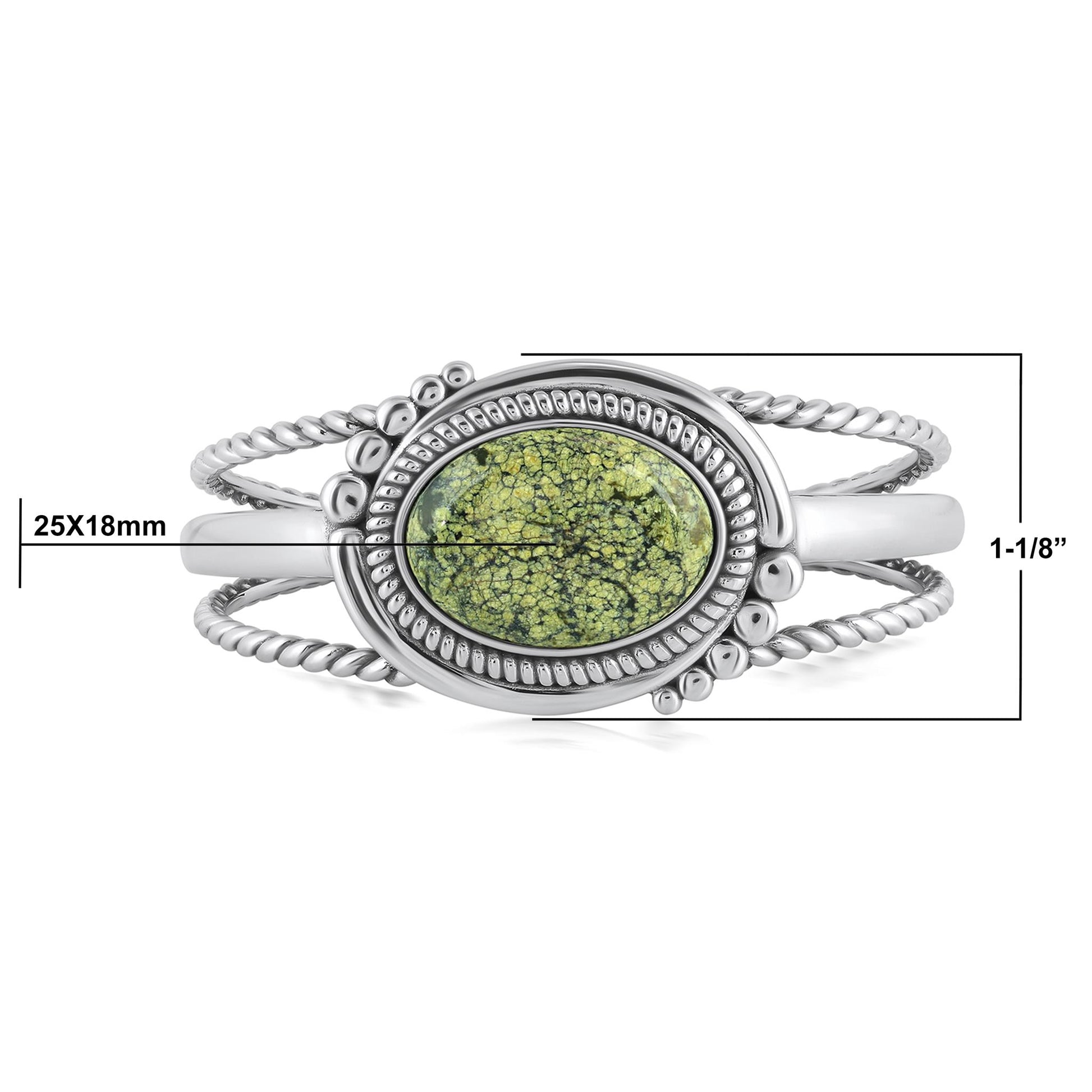 Sterling Silver Spiderweb Serpentine Bold Oval Gemstone Rope Cuff Bracelet