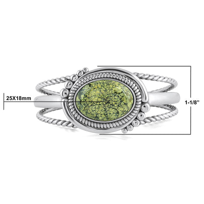 Sterling Silver Spiderweb Serpentine Bold Oval Gemstone Rope Cuff Bracelet
