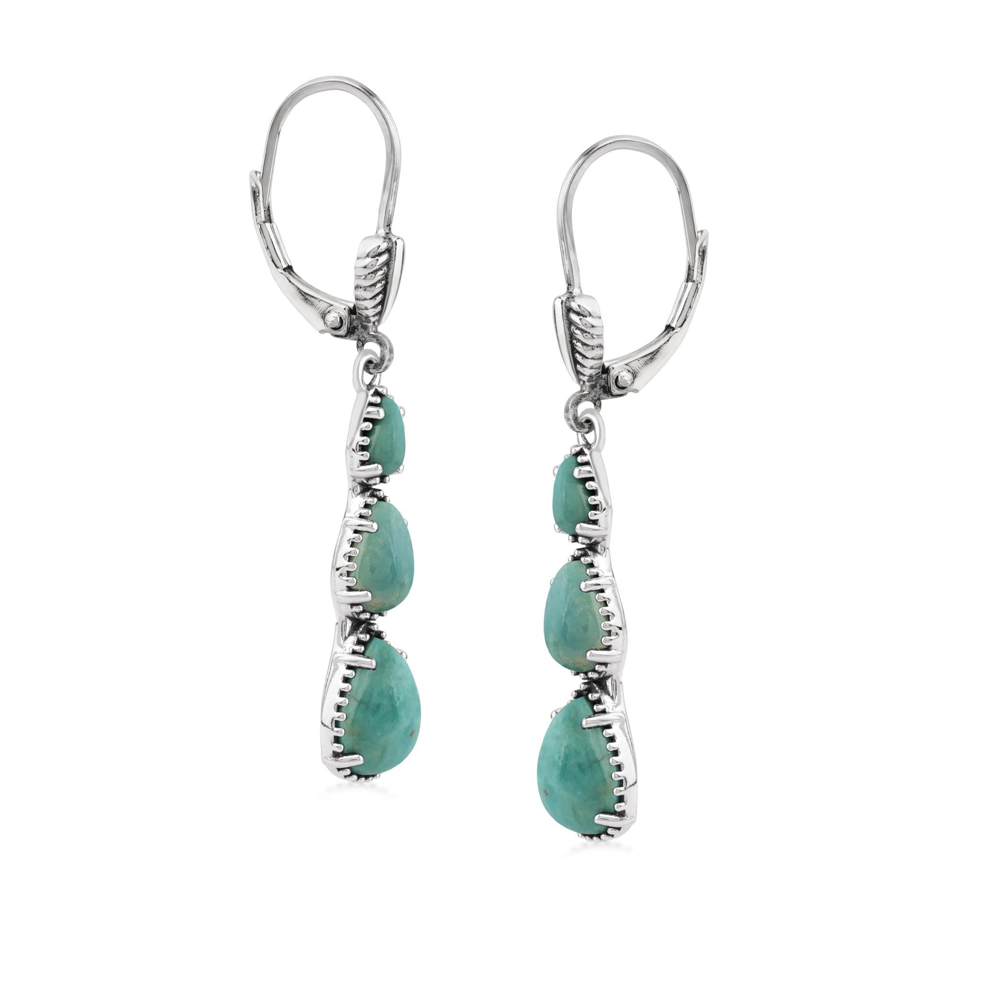  Sterling Silver Green Turquoise 3-Pear Drop Lever Back Earrings