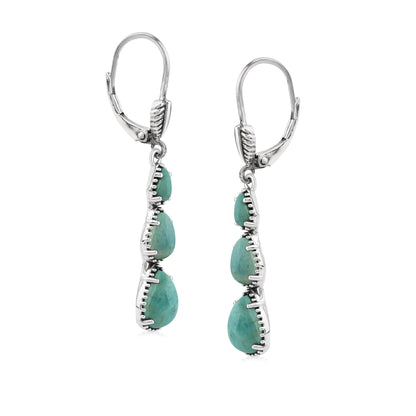  Sterling Silver Green Turquoise 3-Pear Drop Lever Back Earrings