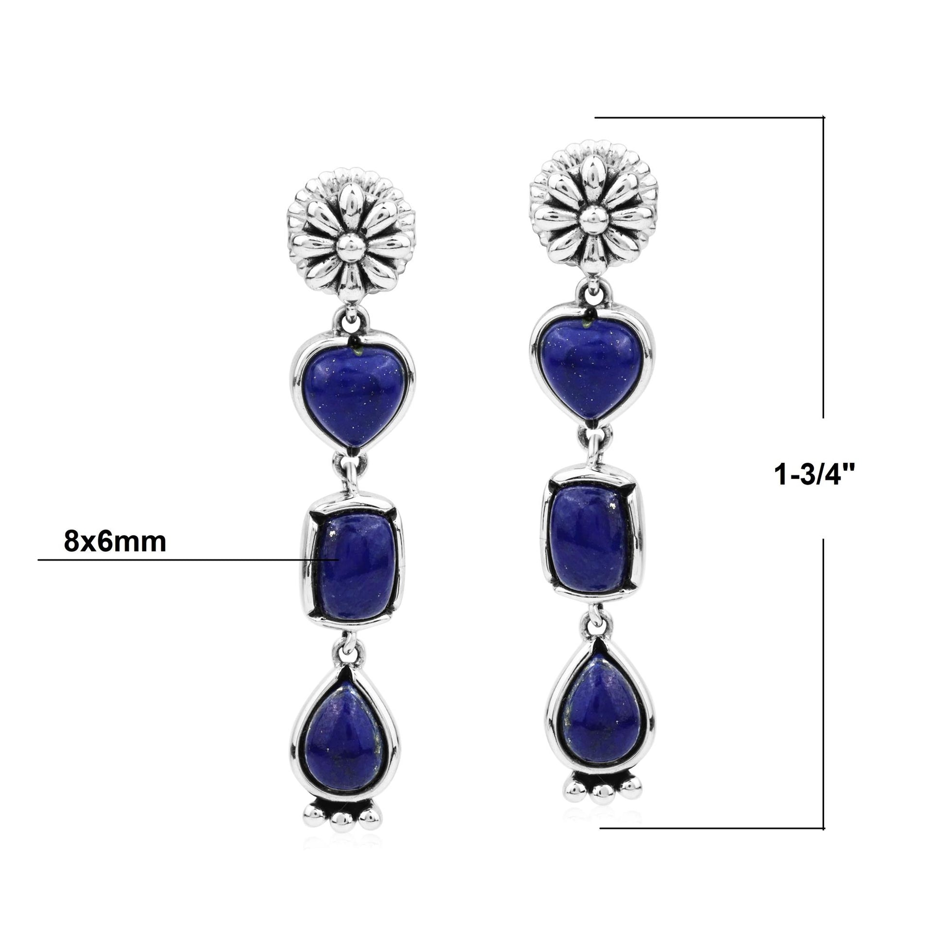 Sterling Silver Lapis Gemstone Heart, Rectangle and Pear Concha Post Dangle Earrings 