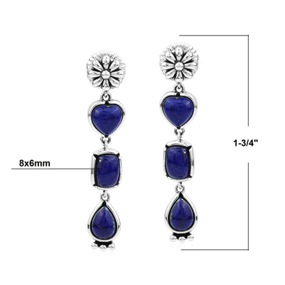 Sterling Silver Lapis Gemstone Heart, Rectangle and Pear Concha Post Dangle Earrings 