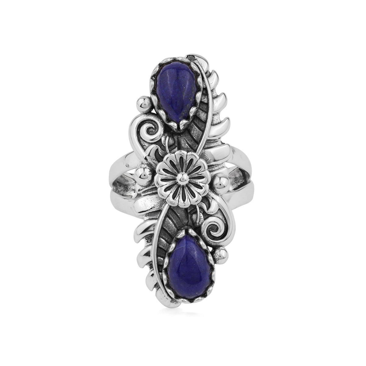 Sterling Silver Lapis Pear-Cut Leaf and Flower Ring, Sizes 5 to 10