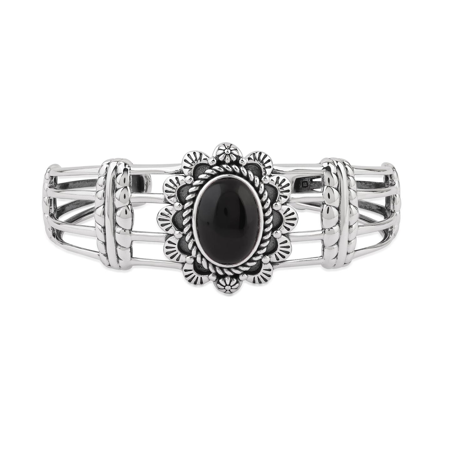  Sterling Silver Black Onyx Oval Scallop Open Cuff Bracelet