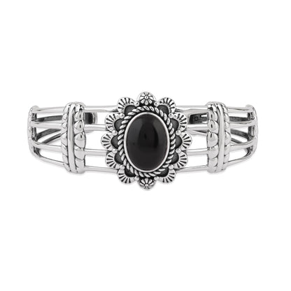  Sterling Silver Black Onyx Oval Scallop Open Cuff Bracelet