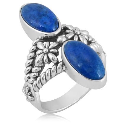 Sterling Silver Denim Lapis North - South Oval Concha Flower Ring