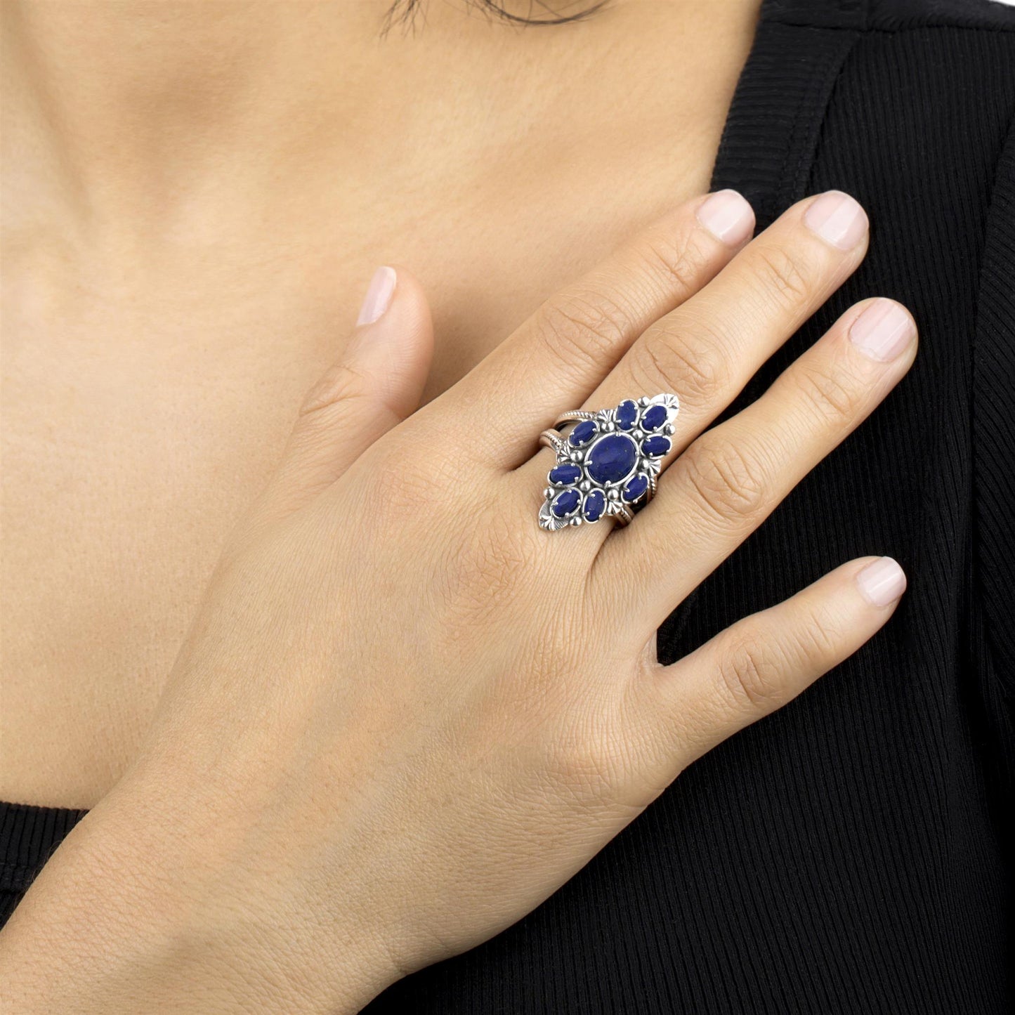 Sterling Silver Lapis Santa Fe Cluster Ring