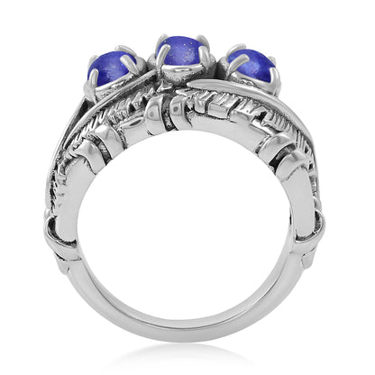 Sterling Silver Lapis Three Stone Feather Ring