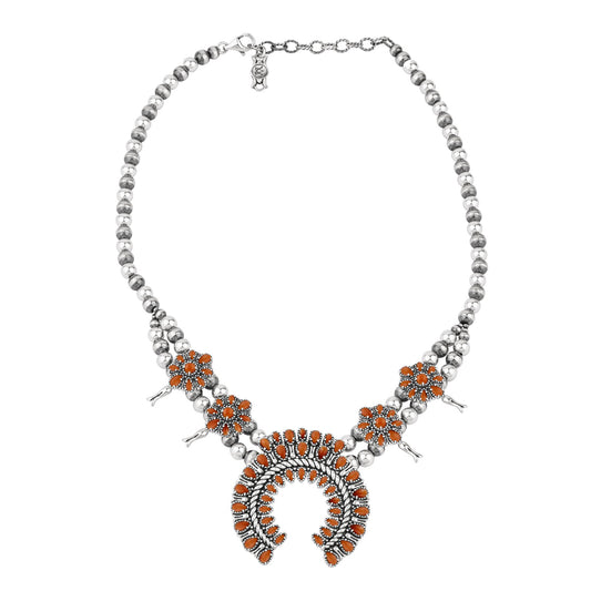  Sterling Silver Orange Spiny Oyster Petit Point Naja Squash Blossom Necklace