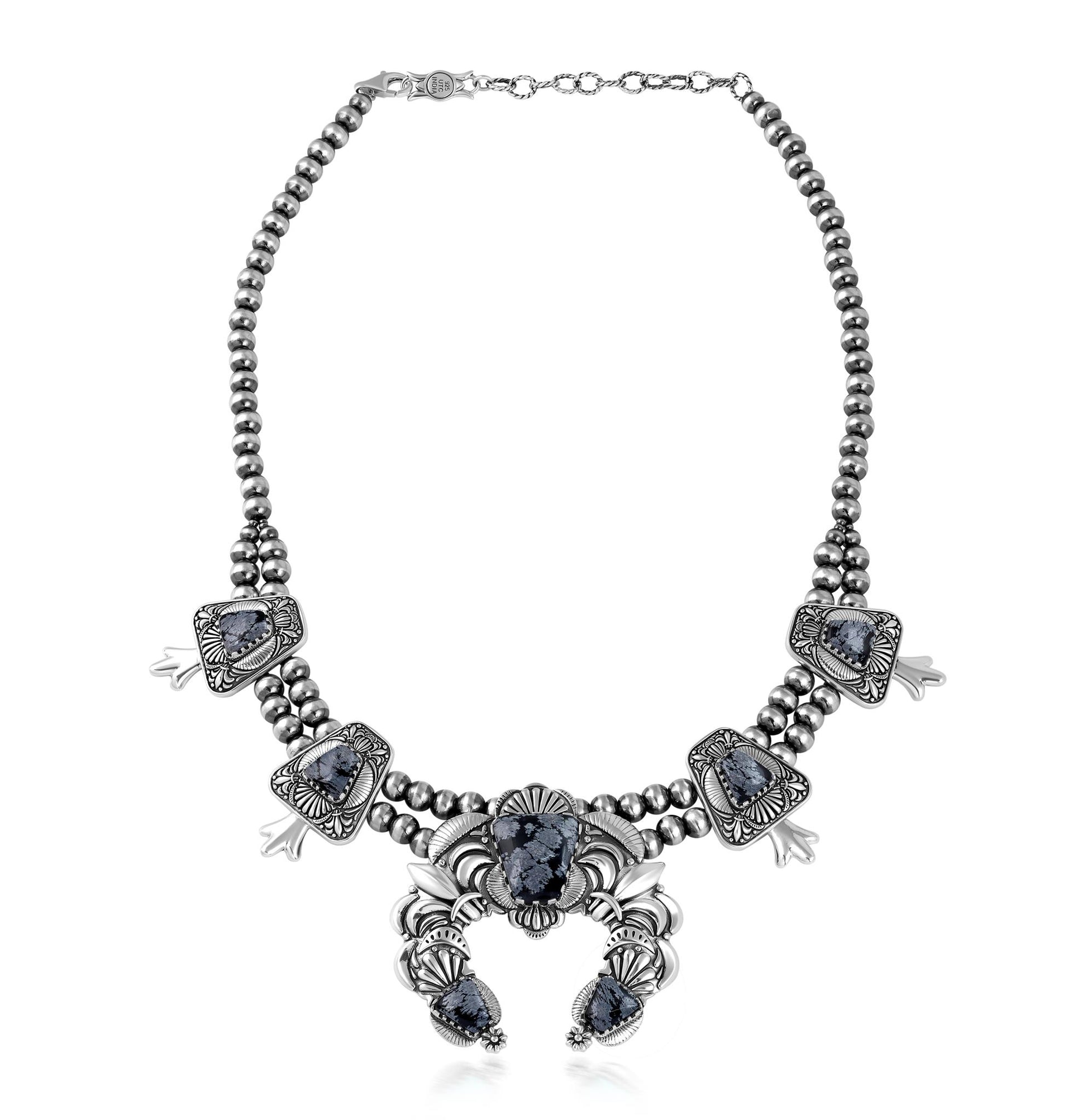LIMITED EDITION! Sterling Silver Snowflake Obsidian Trapezoid Squash Blossom Necklace
