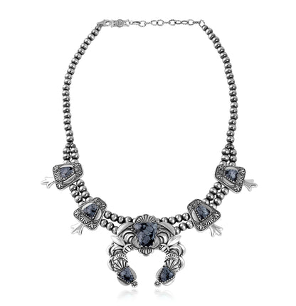 LIMITED EDITION! Sterling Silver Snowflake Obsidian Trapezoid Squash Blossom Necklace
