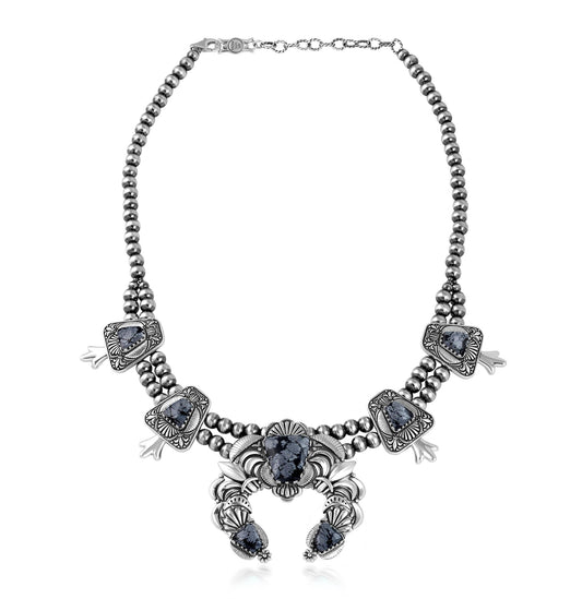 LIMITED EDITION! Sterling Silver Snowflake Obsidian Trapezoid Squash Blossom Necklace