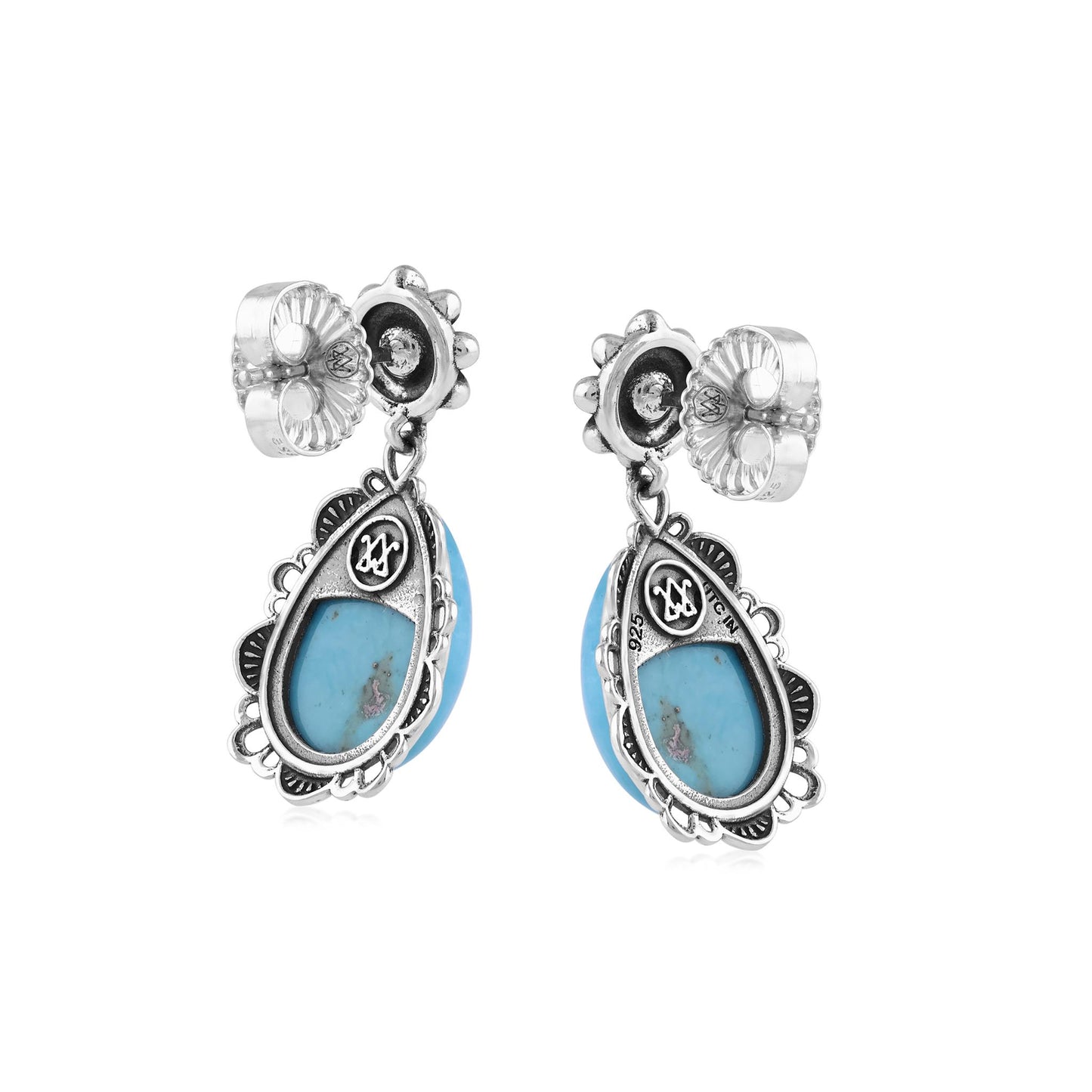  Sterling Silver Kingman Turquoise Pear-Cut Concha Dangle Earrings