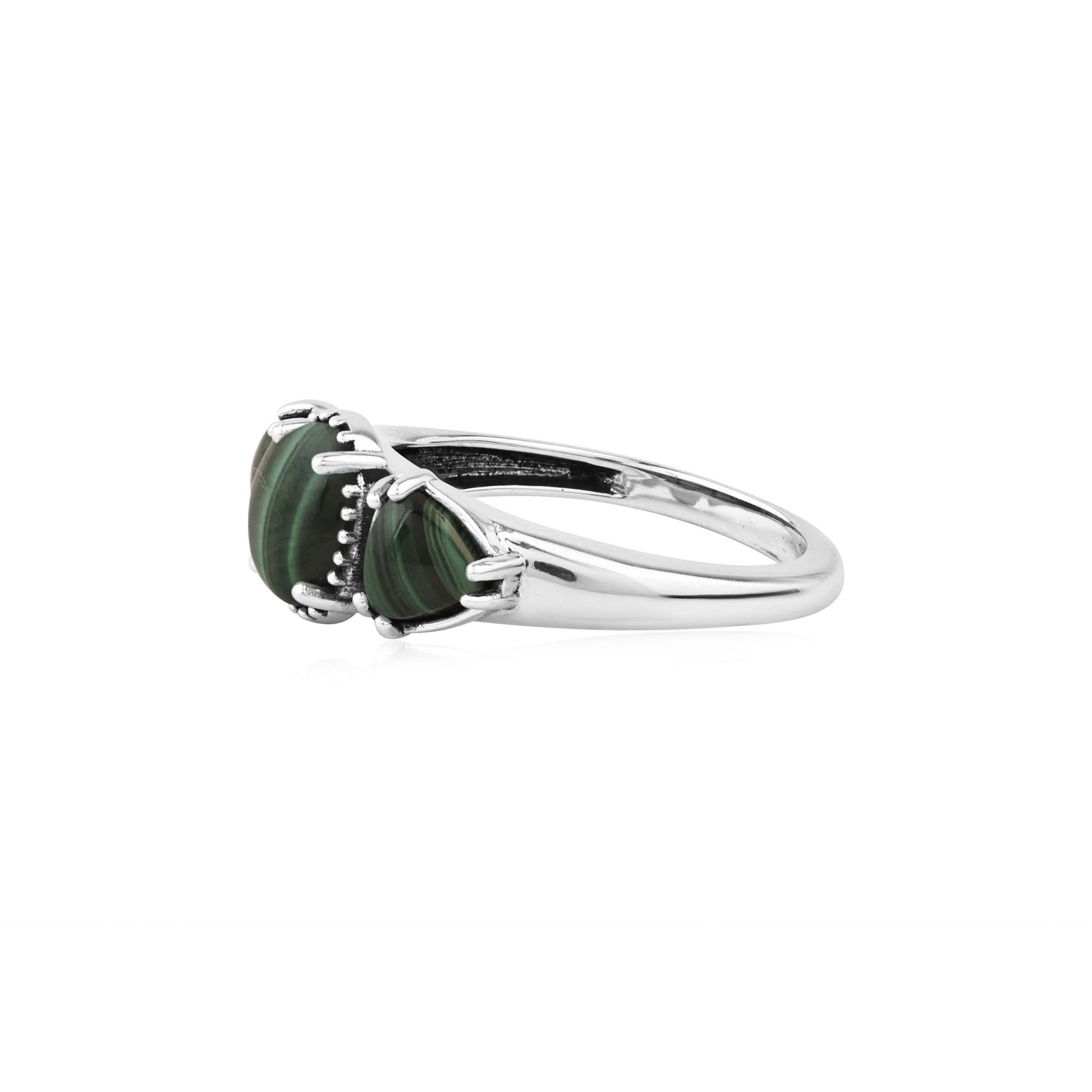  Sterling Silver Malachite Oval and Trillion 3-Stone Ring