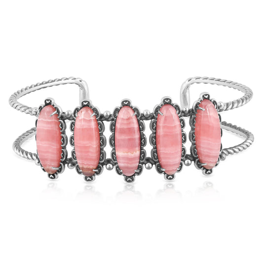 Sterling Silver Rhodochrosite 5-Stone Oval Cuff Bracelet, Sizes Medium to Large
